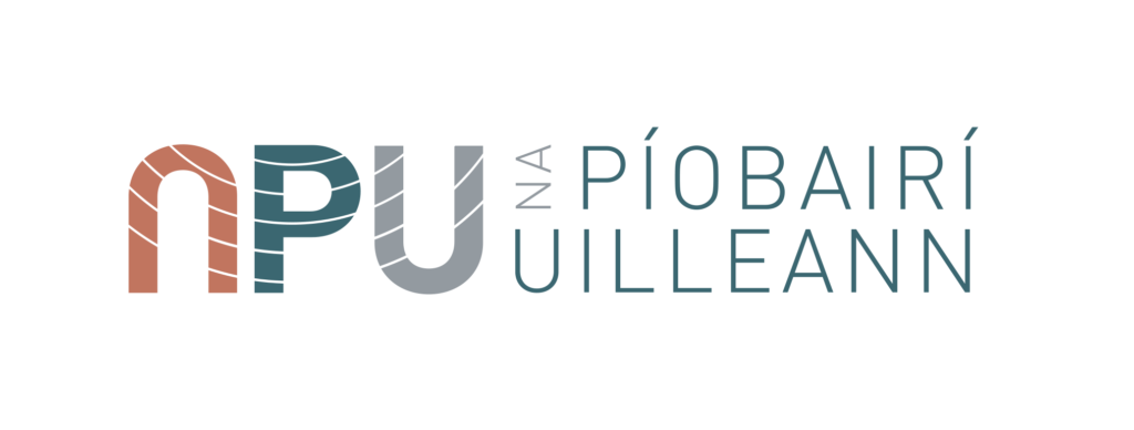Logo with stylized letters NPU and the words Na Píobairí Uilleann in thin, modern font. Letters are colored in muted reds and blues with diagonal white stripes. The background is light gray.