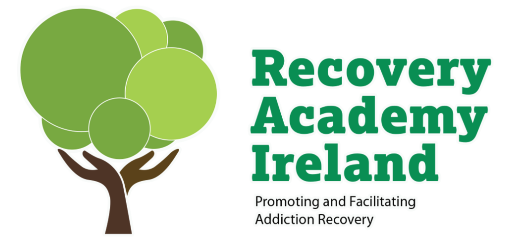 Logo with a stylized tree and the words Recovery Academy Ireland in large green text. Smaller black text below reads Promoting and Facilitating Addiction Recovery. The background is light gray.