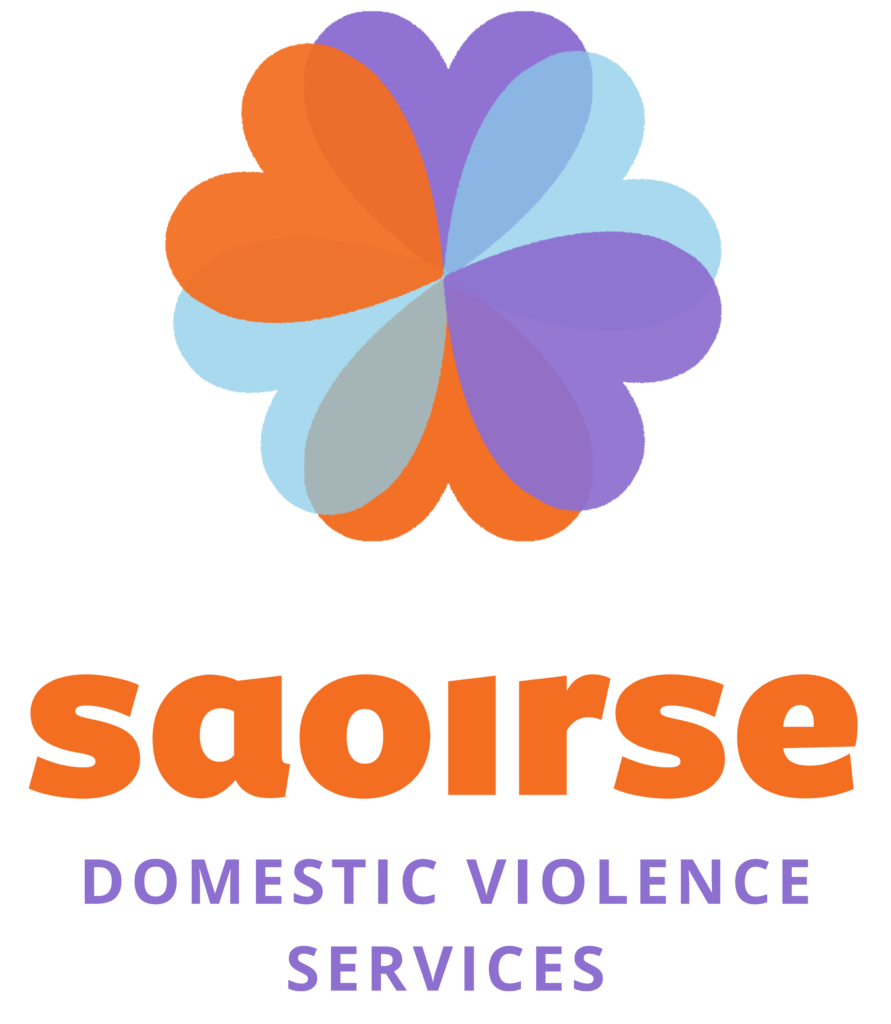 Logo with a flower-like design in blue, purple, and orange above the text saoirse in bold orange letters and DOMESTIC VIOLENCE SERVICES in blue capital letters below.