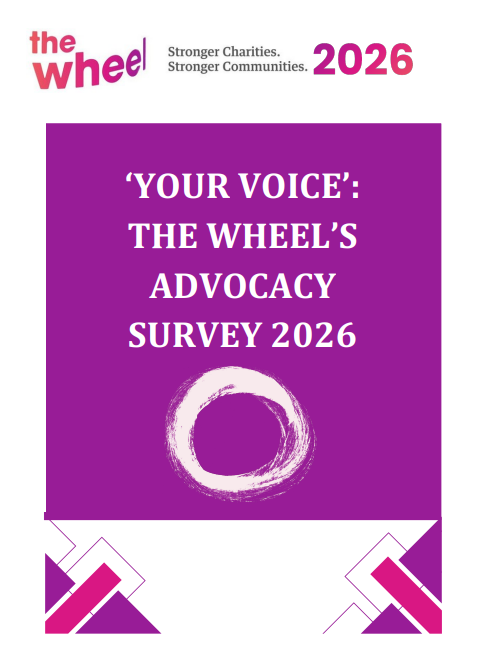 A white page with a magenta banner at the top reading the Wheel and Stronger Charities. Stronger Communities. 2026. Below, a purple box says YOUR VOICE: THE WHEELS ADVOCACY SURVEY 2026 above a white circle graphic.
