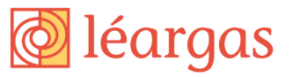 The image shows the word léargas in red lowercase letters next to a geometric spiral design with red lines and yellow shading, all on a white background.