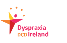 The Dyspraxia DCD Ireland logo features a stylized star figure with scattered dots and geometric shapes on the left, and the text Dyspraxia DCD Ireland in pink and orange on the right.