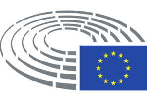 A stylized graphic of the European Parliaments hemicycle in grey, with the flag of the European Union featuring a circle of twelve yellow stars on a blue background in the bottom right corner.