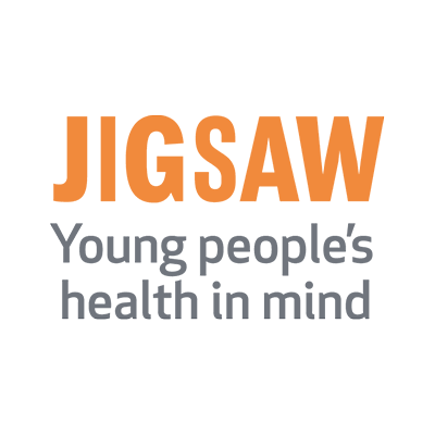 The image shows the Jigsaw logo. JIGSAW is written in orange uppercase letters above the grey text, Young peoples health in mind, on a white background.