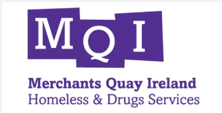 Logo for Merchants Quay Ireland. The letters MQI appear in white on purple blocks above the text Merchants Quay Ireland Homeless & Drugs Services in purple on a white background.