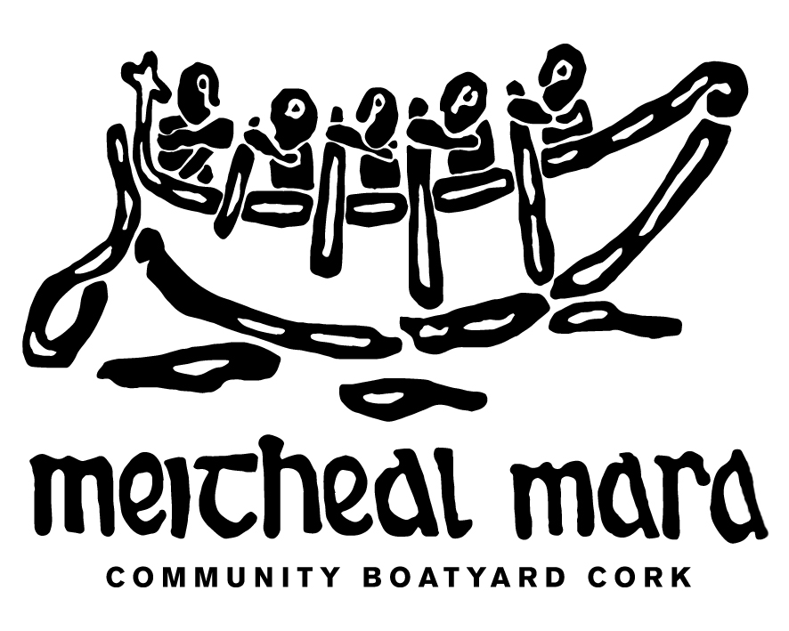 Logo for Meitheal Mara Community Boatyard Cork, featuring a stylized line drawing of a boat with five rowers.