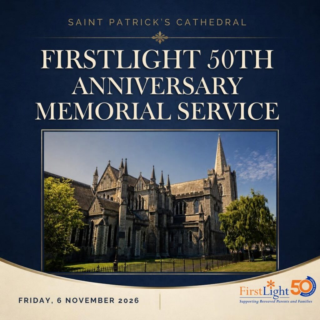 Announcement for the FirstLight 50th Anniversary Memorial Service at Saint Patrick’s Cathedral on Friday, 6 November 2026, featuring an image of the cathedral exterior.