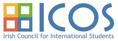 Logo for the Irish Council for International Students (ICOS) featuring a square composed of four smaller colored squares next to the blue text ICOS.