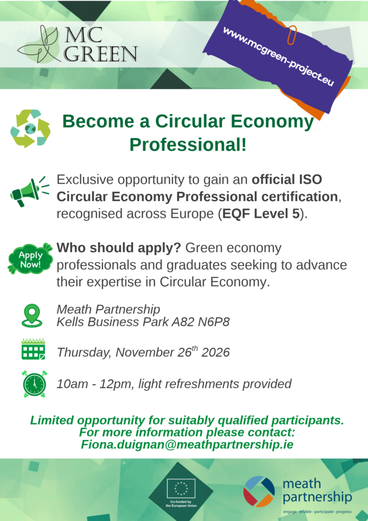 Informational flyer for a circular economy professional certification workshop hosted by Meath Partnership at Kells Business Park on 26 November 2026, coinciding with The Wheel’s invitation for organisations to take part in a pay & benefits survey.