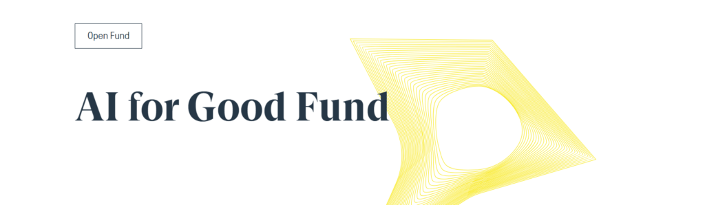 Open Fund button next to the AI for Good Fund text and a yellow abstract line-art shape, illustrating The Wheel’s invitation for organisations to take part in the pay and benefits survey.