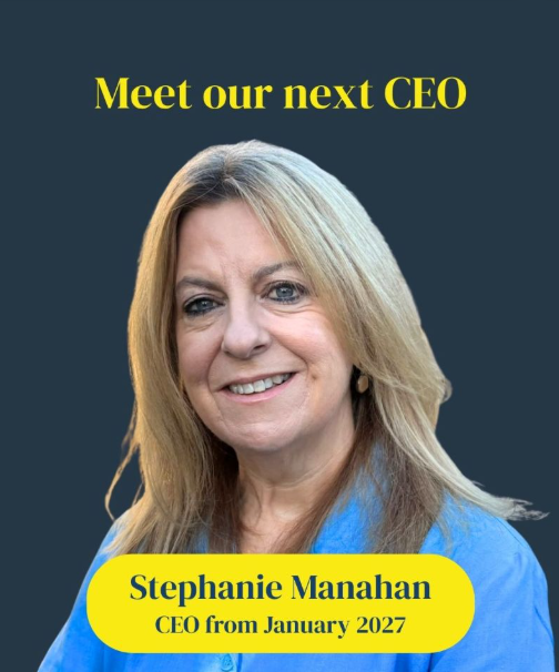Portrait of Stephanie Manahan with the text Meet our next Chief Executive and Stephanie Manahan Chief Executive from January 2027, as The Wheel invites organisations to take part in the Pay & Benefits Survey.