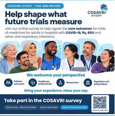 Infographic for the COSAVRI study inviting the public to take an online survey about core outcomes for viral respiratory infection trials