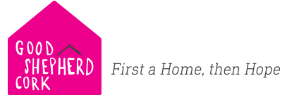 Logo for Good Shepherd Cork featuring a pink house icon and the text First a Home, then Hope.