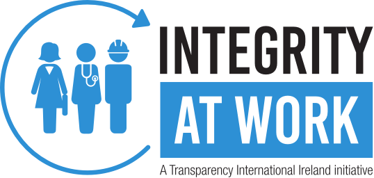 Logo for Transparency International Ireland’s Integrity at Work initiative, featuring an icon of three professionals inside a circular arrow, used to invite organisations to take part in a pay and benefits survey.